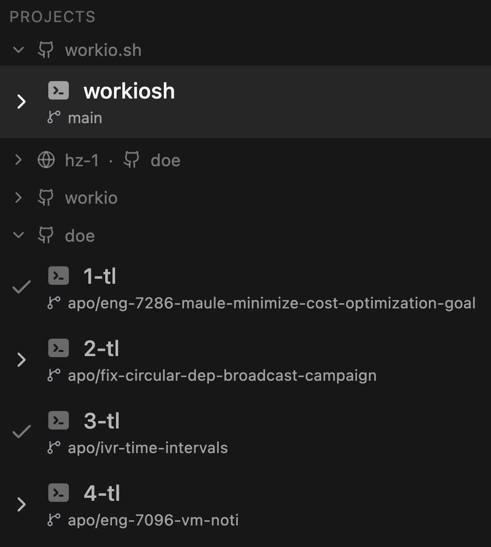WorkIO project sidebar showing terminals and branches